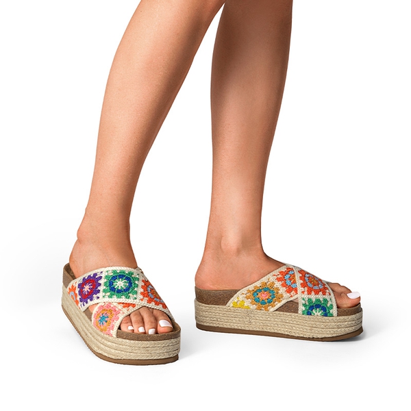 Raffia Flatform Flat Sandals - CREAM MULTI - 1